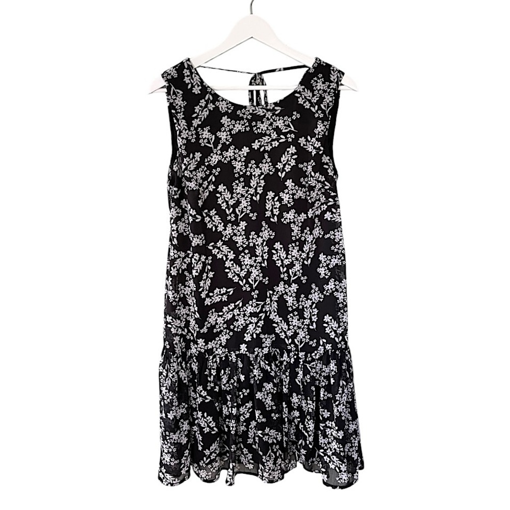 Calvin Klein Floral Ruffle Hem Sleeveless V‎ Back Dress Black White Size 14